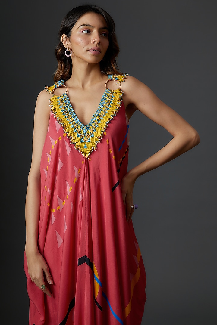Pink Crepe Printed & Embellished Maxi Cocktail Dress by Babita Malkani at Pernia's Pop Up Shop