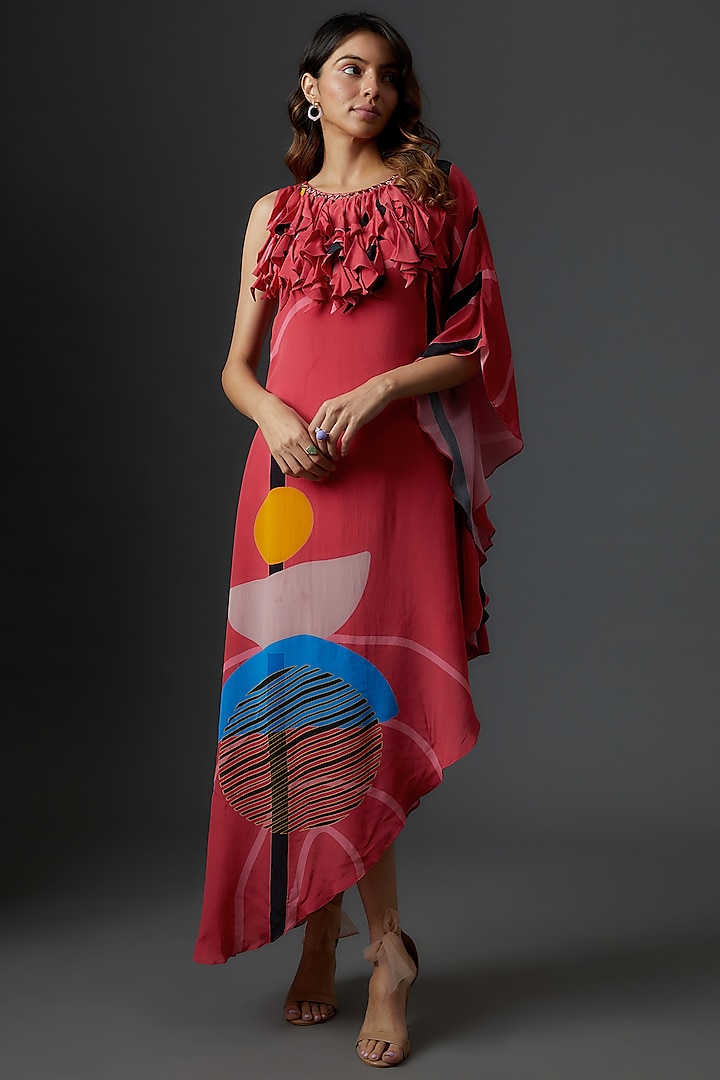 Pink Crepe Printed Asymmetric Maxi Dress by Babita Malkani