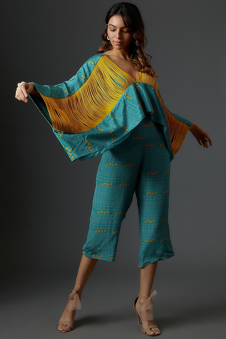Teal Blue Printed & Embroidered Co-Ord Set by Babita Malkani