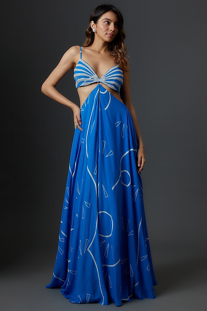 Blue Crepe Embroidered Maxi Dress by Babita Malkani