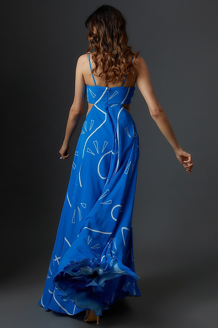 Blue Crepe Embroidered Maxi Cocktail Dress by Babita Malkani at Pernia's Pop Up Shop