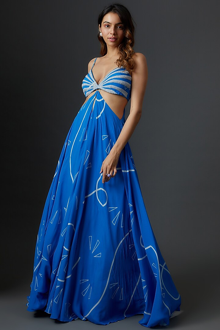 Blue Crepe Embroidered Maxi Cocktail Dress by Babita Malkani at Pernia's Pop Up Shop