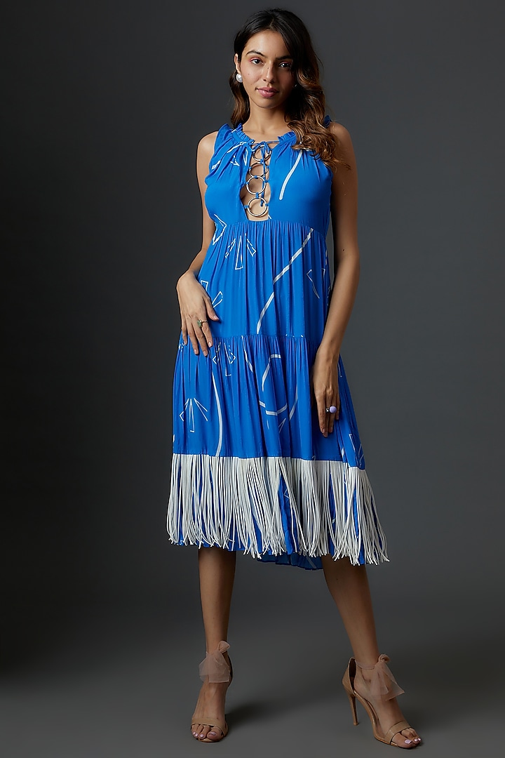 Blue Crepe Embellished Gathered Dress by Babita Malkani