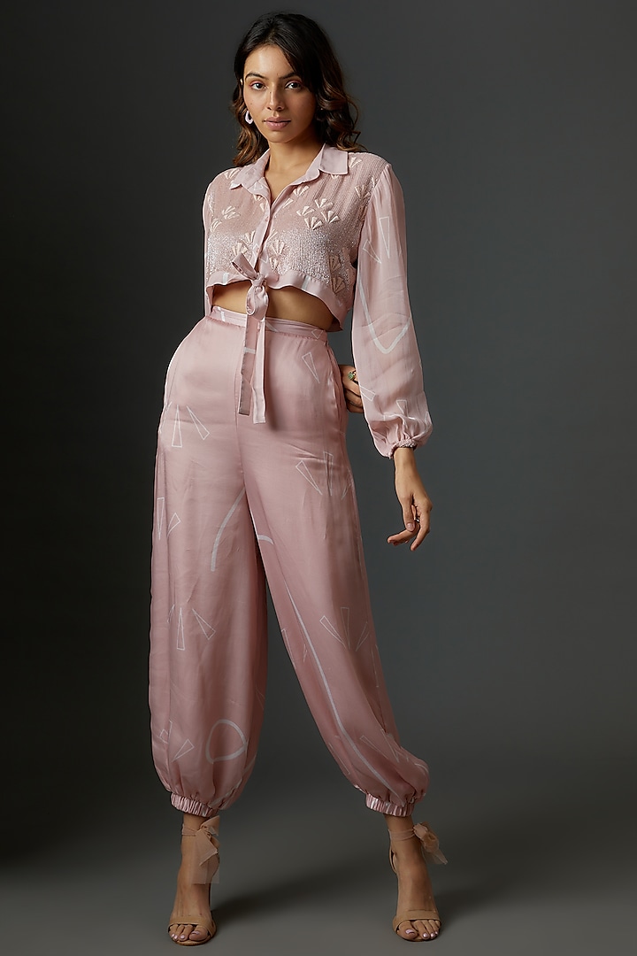 Pink Georgette & Satin Embroidered Pant Set by Babita Malkani at Pernia's Pop Up Shop