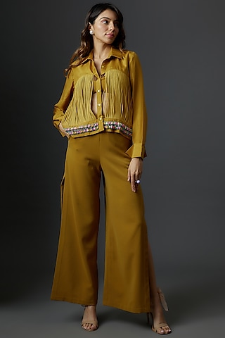 Olive Habutai Silk Embroidered Jacket Set by Babita Malkani