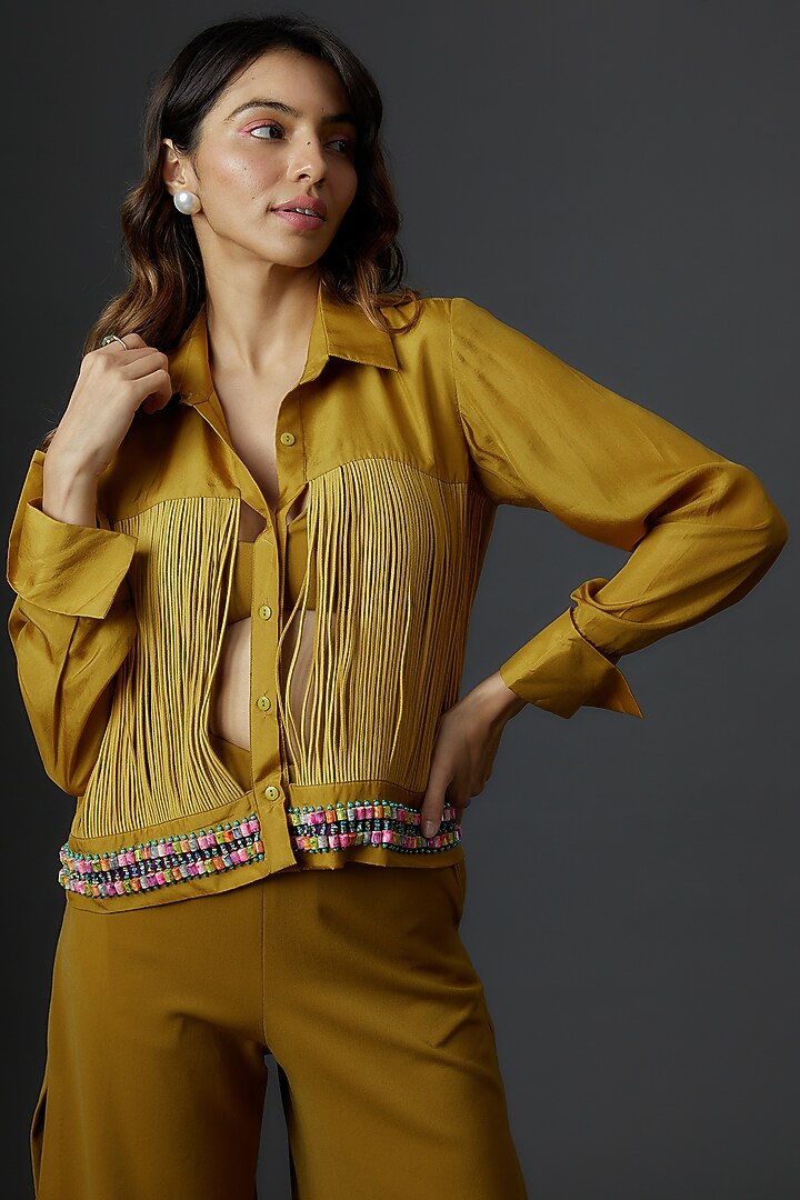 Olive Habutai Silk Embroidered Jacket Set by Babita Malkani at Pernia's Pop Up Shop