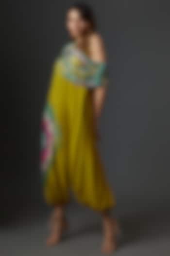 Green Crepe Printed & Embroidered Jumpsuit With Throw by Babita Malkani
