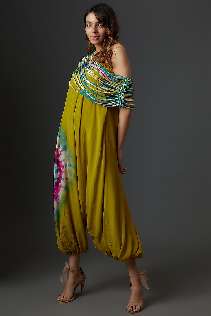Green Crepe Printed & Embroidered Jumpsuit With Throw by Babita Malkani