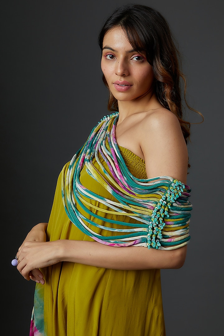 Green Crepe Printed & Embroidered Jumpsuit With Throw by Babita Malkani at Pernia's Pop Up Shop