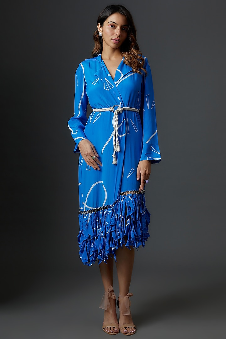 Azure Blue Crepe Blazer Dress With Belt by Babita Malkani