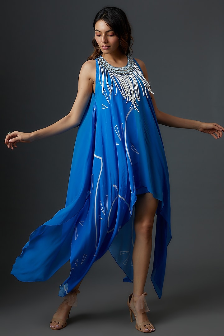 Azure Blue Crepe & Georgette Embroidered Dress by Babita Malkani at Pernia's Pop Up Shop