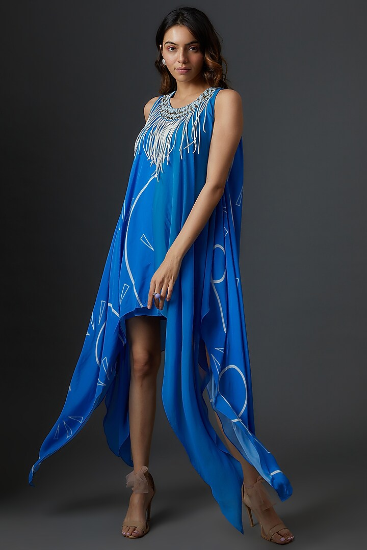 Azure Blue Crepe & Georgette Embroidered Vacation Dress by Babita Malkani at Pernia's Pop Up Shop