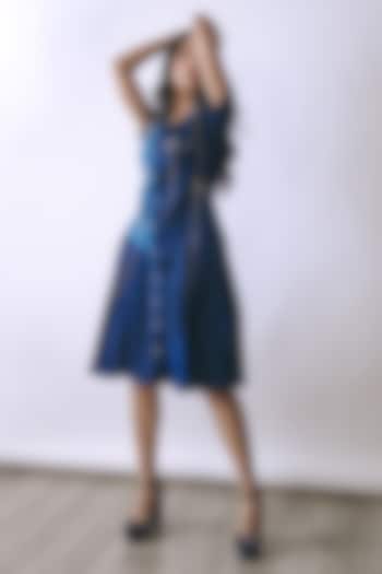 Deep Indigo & Riviera Blue Denim Metallic Embellished A-line Summer Dress by Babita Malkani at Pernia's Pop Up Shop