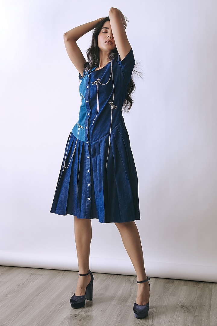Deep Indigo & Riviera Blue Denim Metallic Embellished A-line Summer Dress by Babita Malkani at Pernia's Pop Up Shop