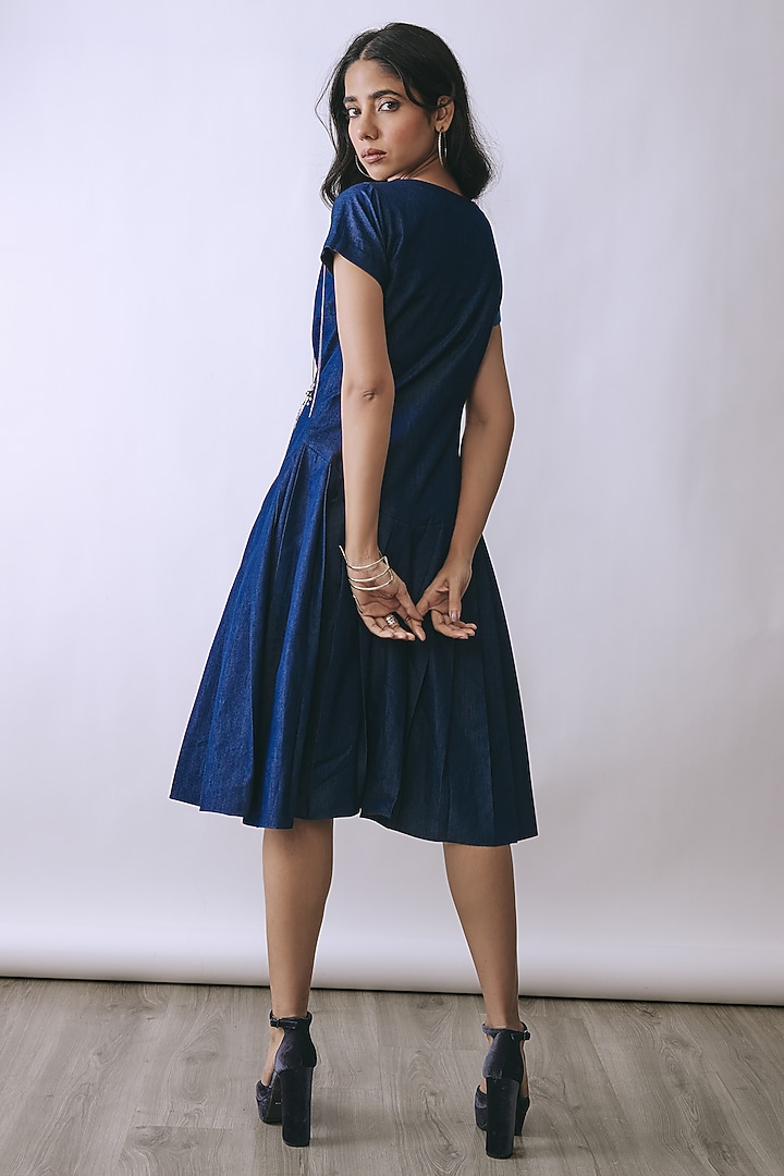 Deep Indigo & Riviera Blue Denim Metallic Embellished A-line Summer Dress by Babita Malkani at Pernia's Pop Up Shop