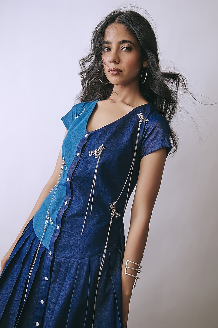 Deep Indigo & Riviera Blue Denim Metallic Embellished A-line Summer Dress by Babita Malkani at Pernia's Pop Up Shop