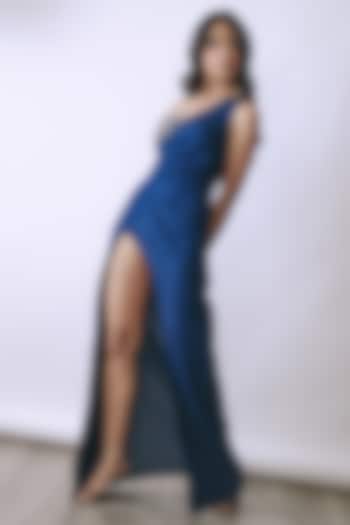 Deep Indigo Denim Metallic Embellished One Shoulder Party Wear Gown by Babita Malkani at Pernia's Pop Up Shop