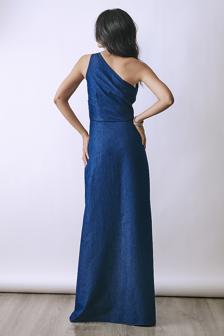 Deep Indigo Denim Metallic Embellished One Shoulder Party Wear Gown by Babita Malkani at Pernia's Pop Up Shop