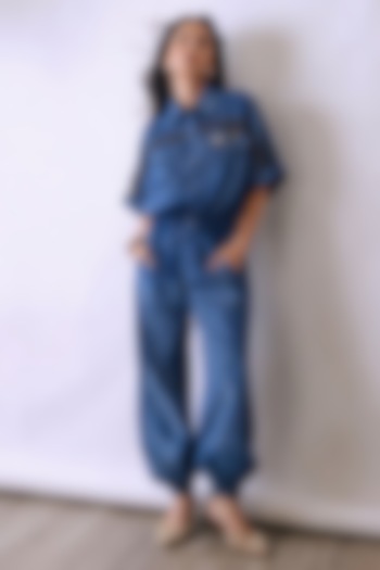Riviera Blue Chambray Denim Metallic Embellished Co-Ord Set by Babita Malkani at Pernia's Pop Up Shop
