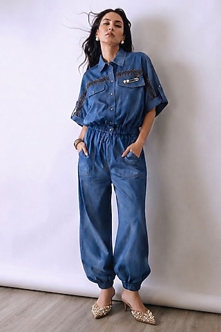 Riviera Blue Chambray Denim Metallic Embellished Co-Ord Set by Babita Malkani