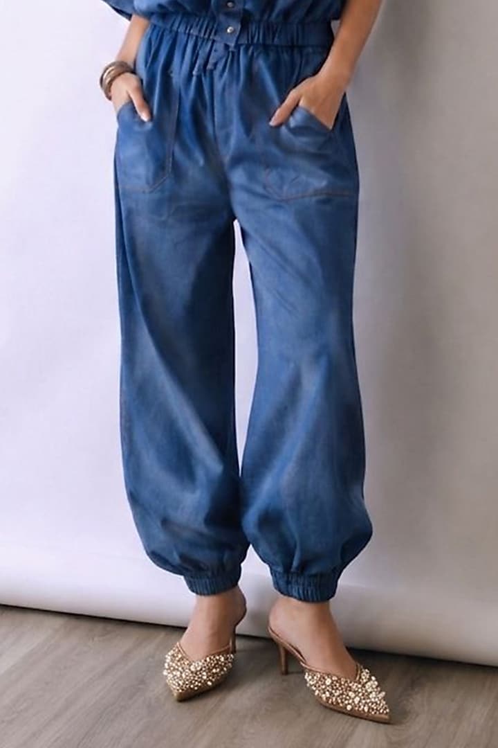 Riviera Blue Chambray Denim Metallic Embellished Co-Ord Set by Babita Malkani at Pernia's Pop Up Shop