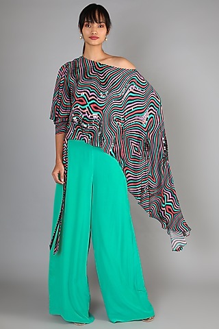 Mint Green Crepe Jumpsuit With Cape For Girls by Babita Malkani - Kids