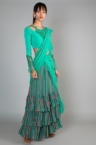 Mint Green Crepe Pre-Draped Saree Set For Girls by Babita Malkani - Kids