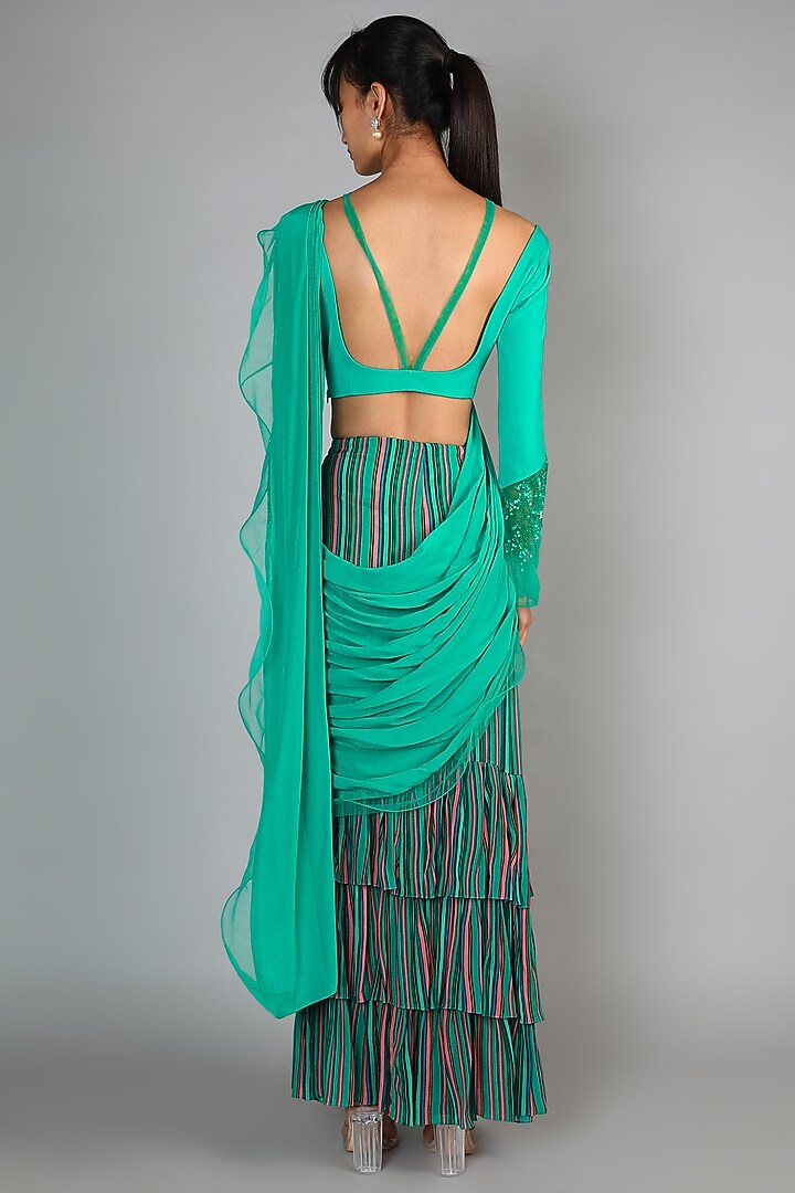 Mint Green Crepe Pre-Draped Saree Set For Girls by Babita Malkani - Kids at Pernia's Pop Up Shop
