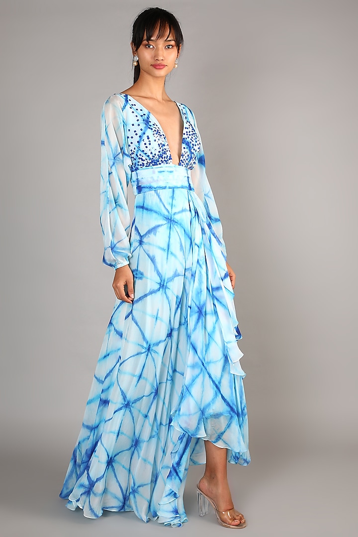 Sky Blue Embroidered Maxi Dress For Girls by Babita Malkani - Kids