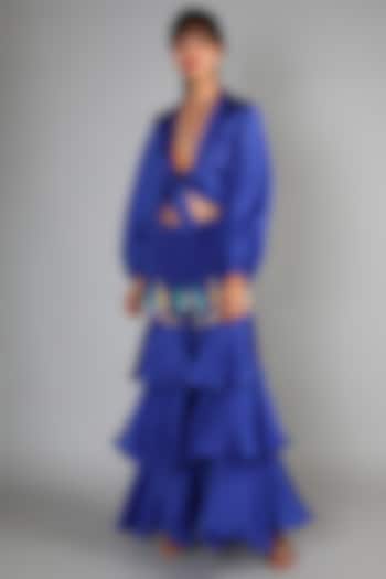 Royal Blue Embroidered Pant Set For Girls by Babita Malkani - Kids
