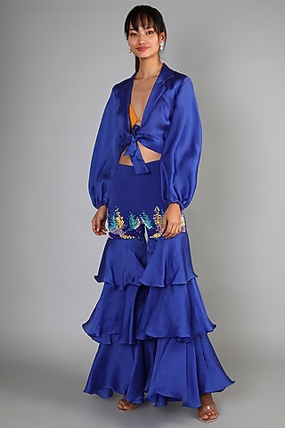 Royal Blue Embroidered Pant Set For Girls by Babita Malkani - Kids
