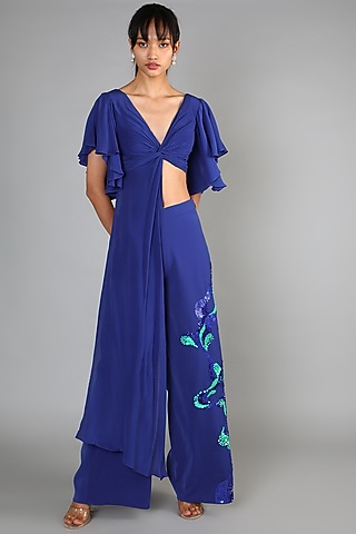 Royal Blue Crepe Embroidered Pant Set For Girls by Babita Malkani - Kids
