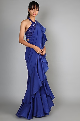 Royal Blue Embroidered Gown Saree For Girls by Babita Malkani - Kids