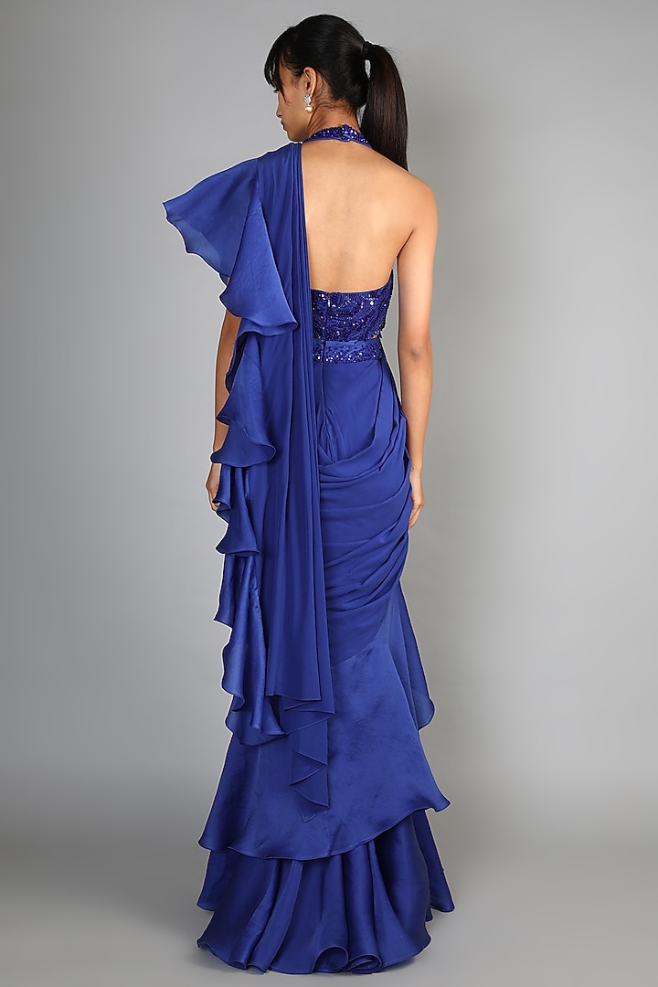 Royal Blue Embroidered Gown Saree For Girls by Babita Malkani - Kids at Pernia's Pop Up Shop
