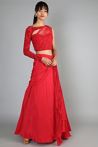 Red Embroidered Lehenga Set For Girls by Babita Malkani - Kids