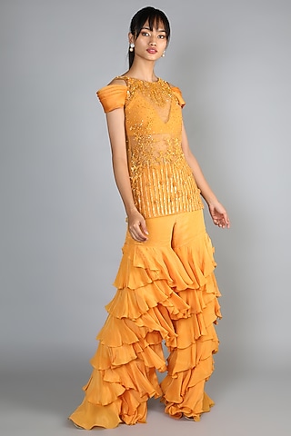 Yellow Crepe Layered Pant Set For Girls by Babita Malkani - Kids