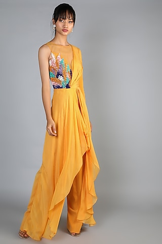 Yellow Crepe Draped Jumpsuit For Girls by Babita Malkani - Kids