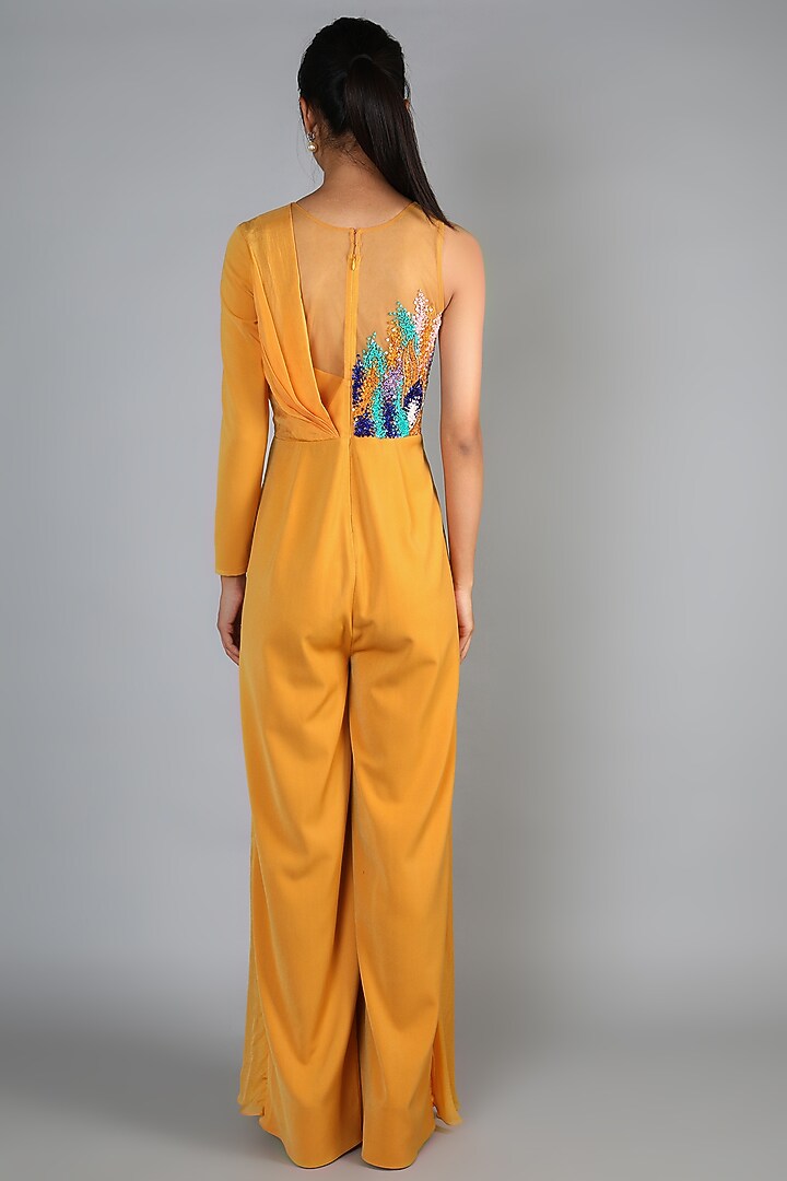 Yellow Crepe Draped Jumpsuit For Girls by Babita Malkani - Kids at Pernia's Pop Up Shop