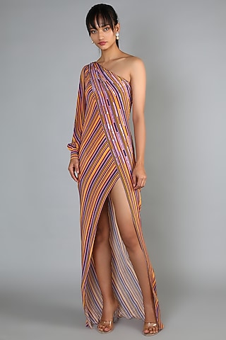 Yellow Printed One Shoulder Dress For Girls by Babita Malkani - Kids