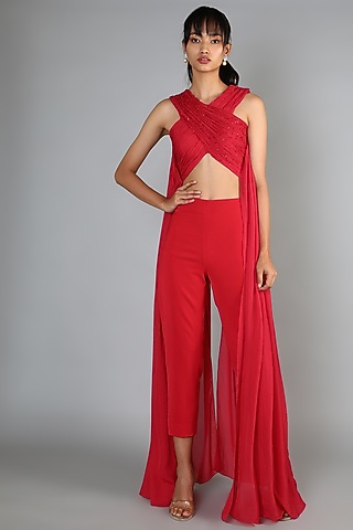 Red Italian Crepe Pant Set For Girls by Babita Malkani - Kids