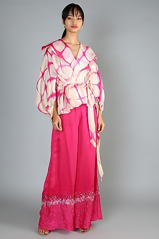 Fuchsia Embroidered Pant Set For Girls by Babita Malkani - Kids