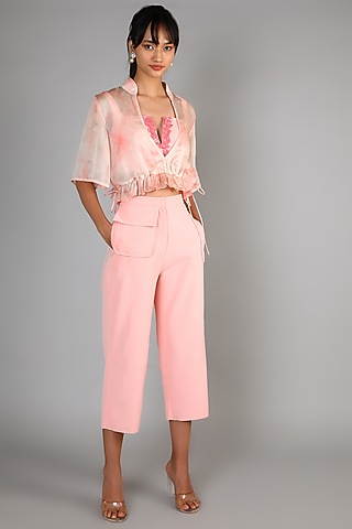 Peach Crepe Cropped Pant Set For Girls by Babita Malkani - Kids