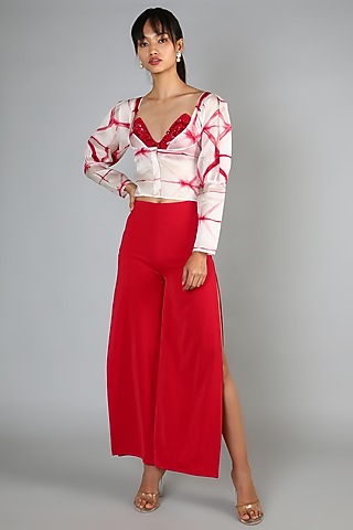 Red Italian Crepe High Slit Pant Set For Girls by Babita Malkani - Kids