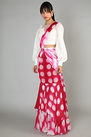 Red Crepe Draped Lehenga Saree For Girls by Babita Malkani - Kids