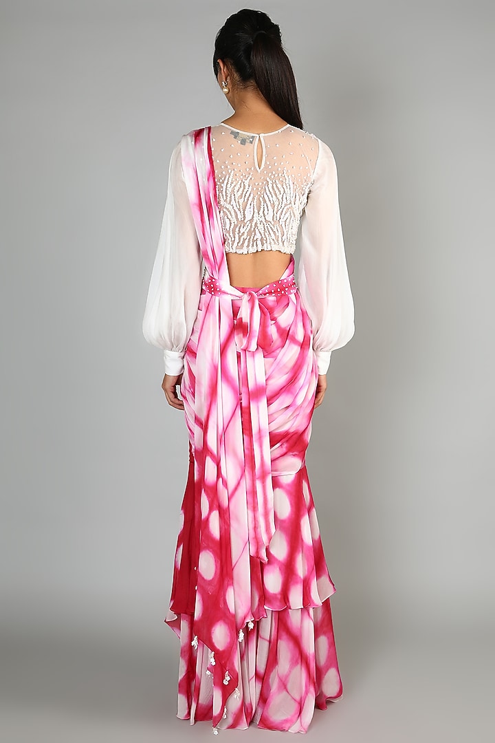 Red Crepe Draped Lehenga Saree For Girls by Babita Malkani - Kids at Pernia's Pop Up Shop
