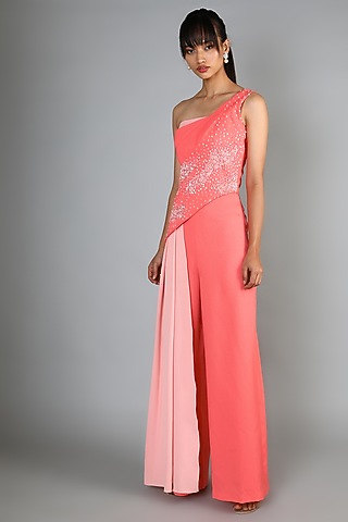 Peach Embroidered Draped Jumpsuit For Girls by Babita Malkani - Kids
