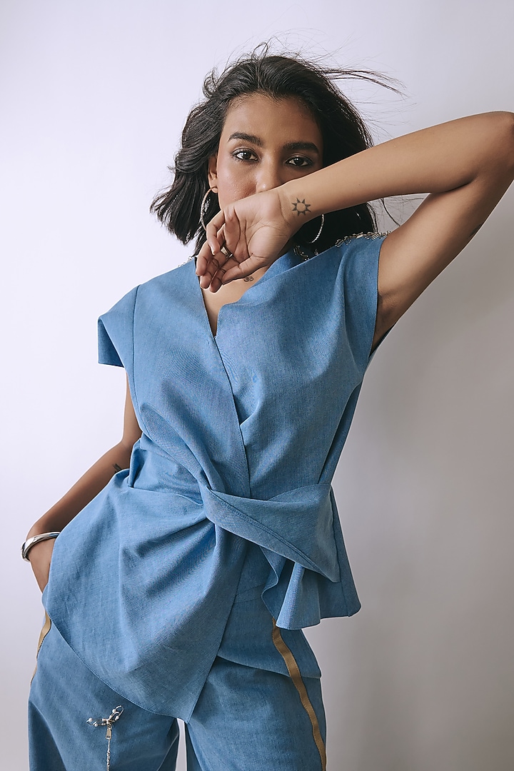 Ice Wash Denim Metallic Embellished Co-Ord Set by Babita Malkani at Pernia's Pop Up Shop