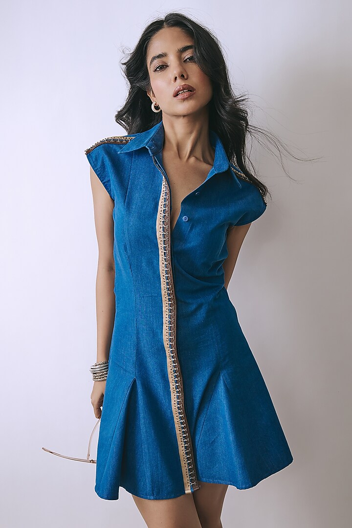 Riviera Blue Denim Embellished Shirt Summer Dress by Babita Malkani at Pernia's Pop Up Shop