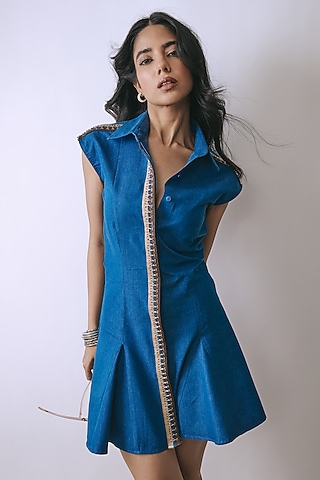 Riviera Blue Denim Embellished Shirt Dress by Babita Malkani