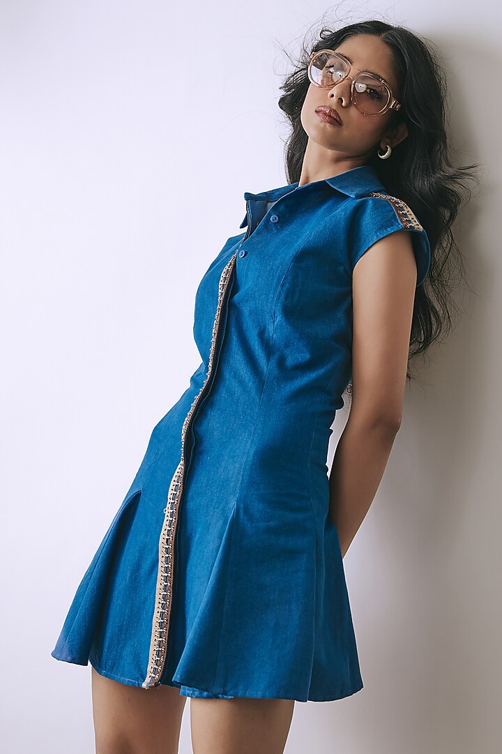 Riviera Blue Denim Embellished Shirt Summer Dress by Babita Malkani at Pernia's Pop Up Shop